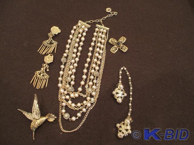 A pearl and gold necklace, a pair o...