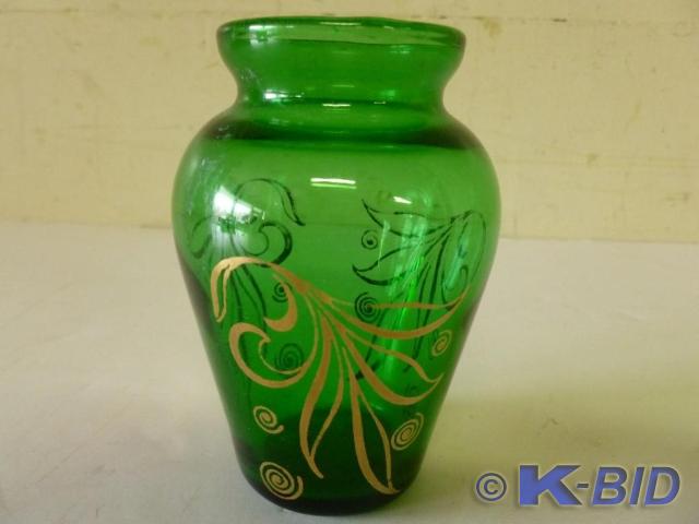 Hand painted green glass bud vase, ...