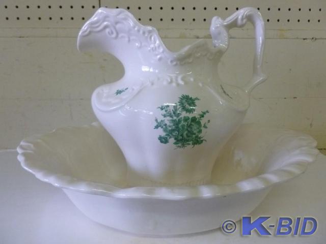 Large ceramic wash basin and pitche...