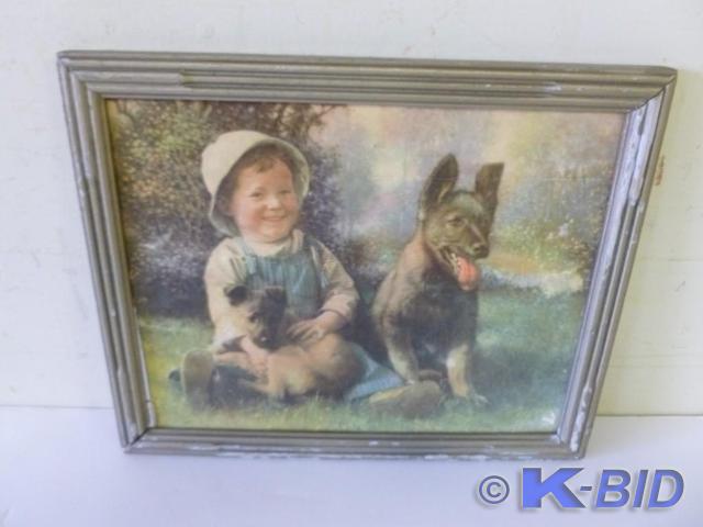Vintage boy and dogs wood framed pi...