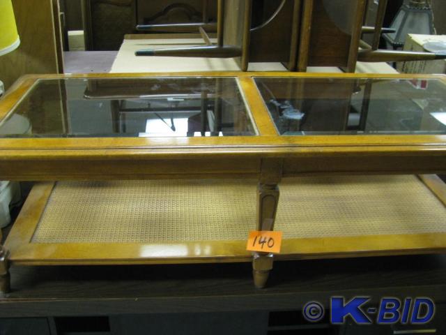 lot 140 image: wooden coffe table with glass top a...