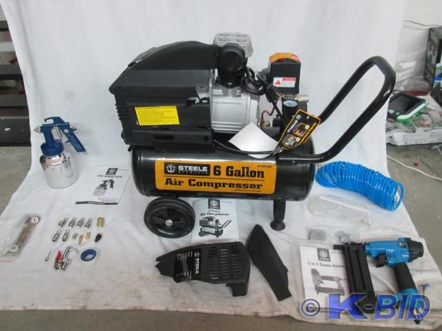 lot 4 image: Steele 6-Gallon 3.5 HP Compressor K...