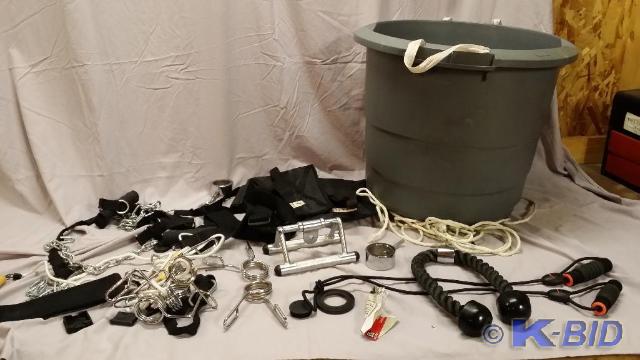 lot 35 image: Bucket of misc exercise items. Cool...