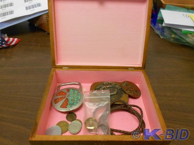 lot 103 image: Various coins, rings, belt buckles ...