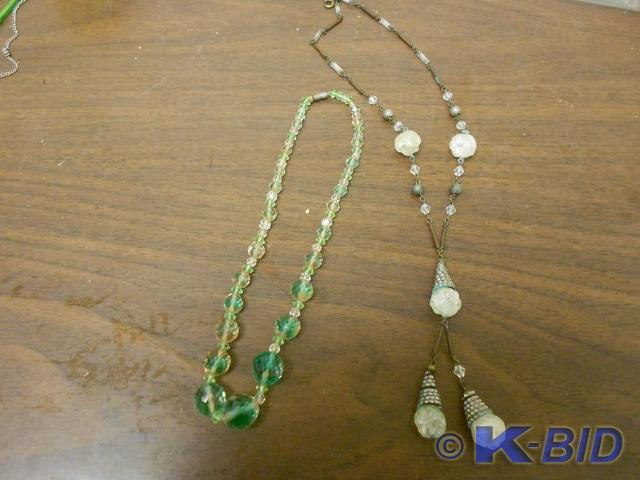 lot 66 image: Green beaded necklace with white cr...