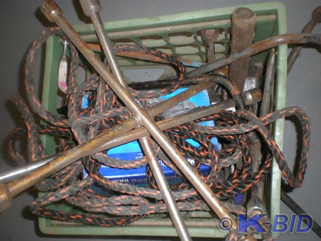 lot 53 image: Bin of various wrenches, ropes, fla...