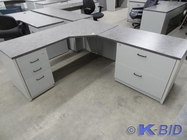 lot 198 image: 82 x 70 L shaped laminate desk. 2 l...