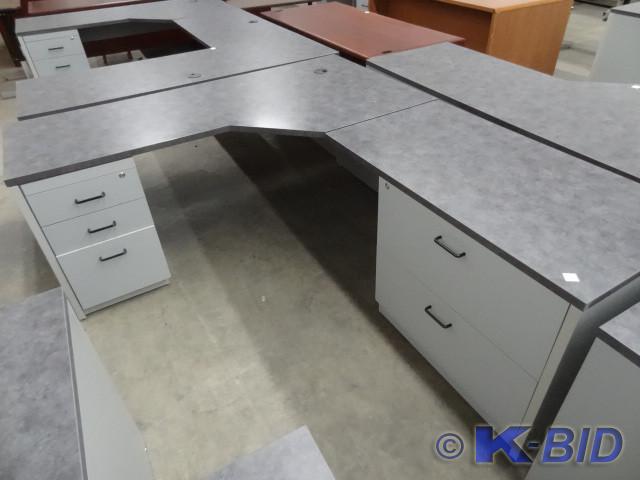 lot 215 image: 82 x 70 L shaped laminate desk. 2 l...