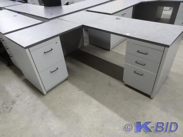 lot 249 image: L shaped lamiante 2 piece desk. 5 d...