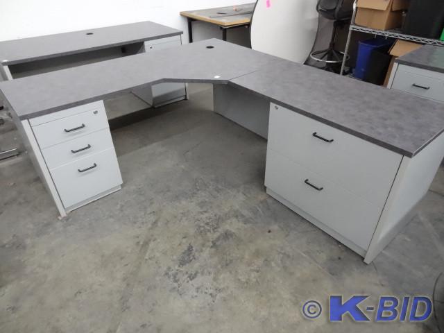 lot 255 image: 82 x 70 L shaped laminate desk. 2 l...