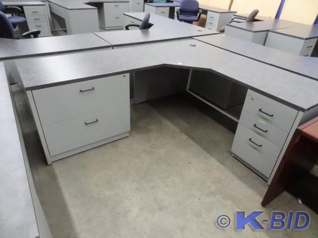 lot 281 image: 82 x 70 L shaped laminate desk. 2 l...