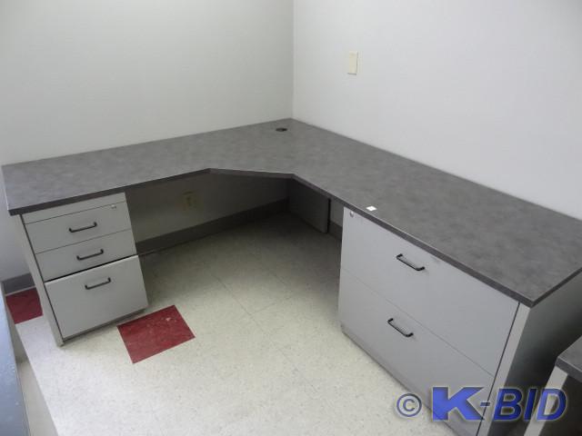 lot 5 image: Laminate L shaped office desk. 2 la...