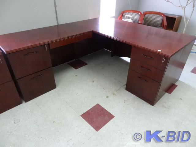 lot 54 image: L shaped wood office desk. 3 file d...