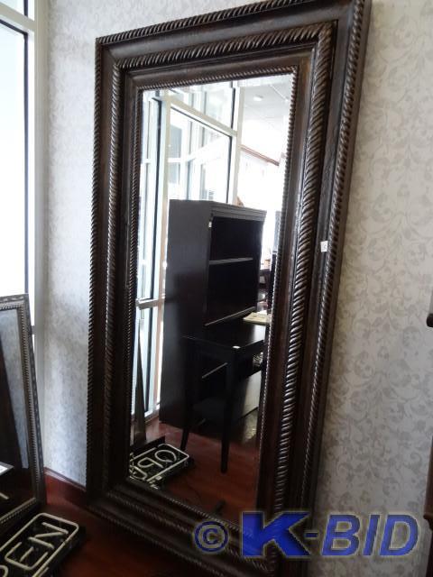 lot 12 image: Wood wall hanging mirror. Full leng...