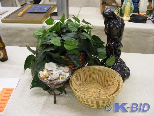 Misc Lot Fake Plant, wicker basket...