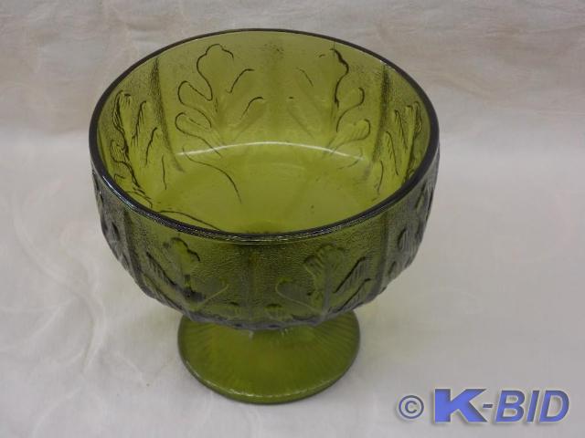 Green Glass Stemmed Bowl with Leaf ...