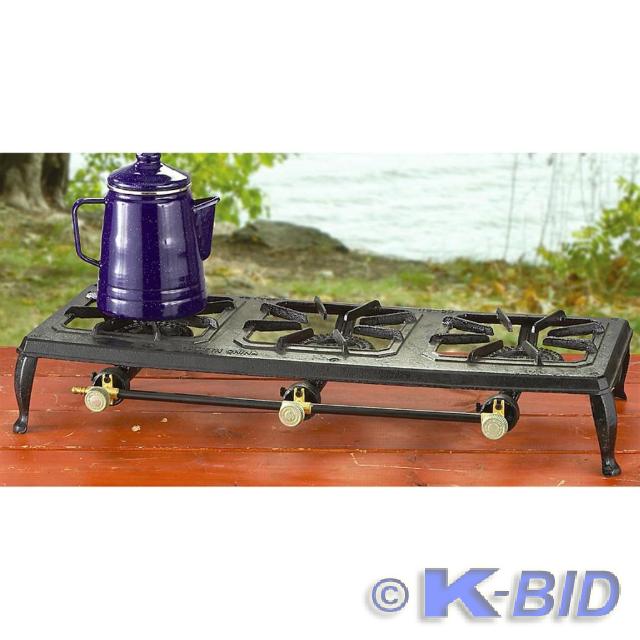 lot 74 image: Cast Iron Triple Burner Stove,1 bro...