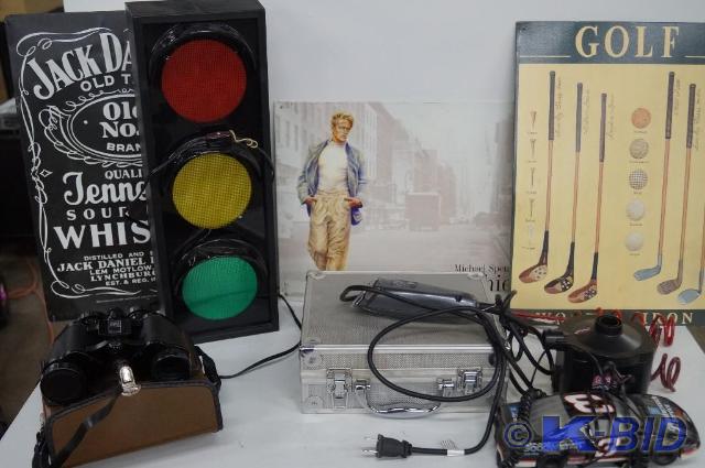 Lot of signs, bushnell binos, light...