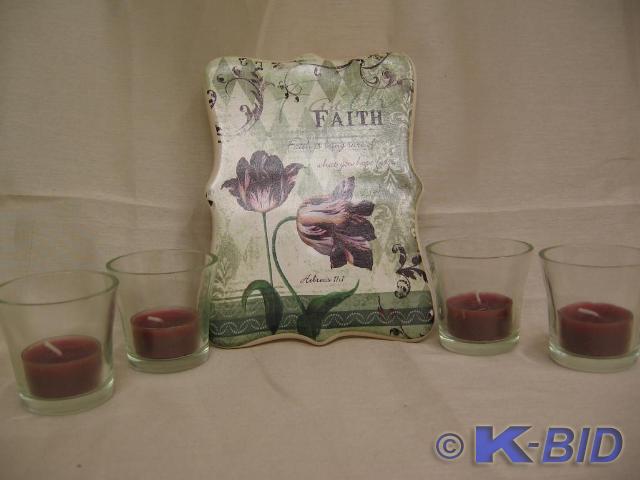 lot 225 image: Faith plaque and 2 inch votive cups...