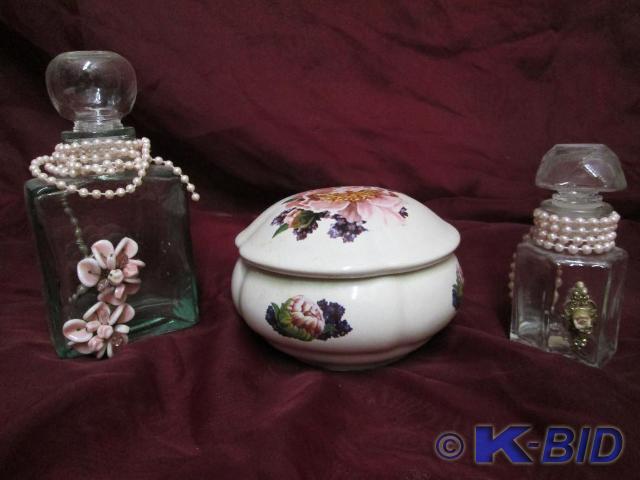 lot 58 image: Lot of 2 perfume bottles and a porc...