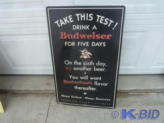 lot 59 image: Budweiser Tin  Take the test sign