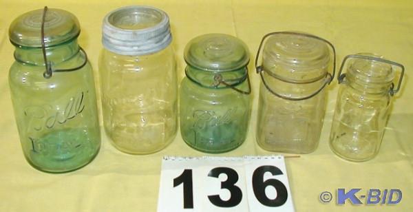 lot 136 image: Five Vintage Canning Jars, Four Loc...