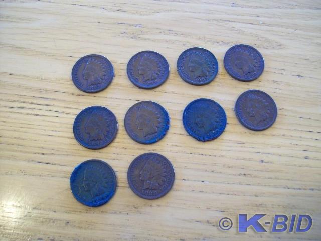 lot 33 image: 10 Misc. Indian Head Pennies