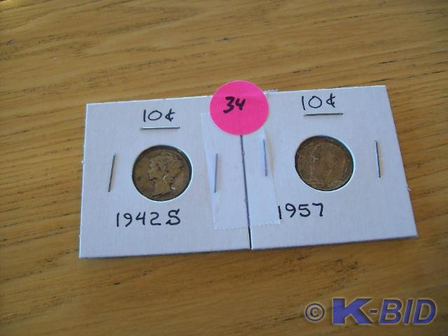 lot 34 image: (2) Dimes (1) 1957 Roosevelt (1) 19...