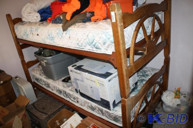 lot 112 image: Wood bunk beds 80x39 contents not i...
