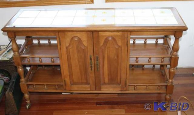 lot 56 image: Wood hutch on wheels, with ceramic ...