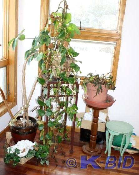 lot 69 image: Three plant stands, plants, sculptu...