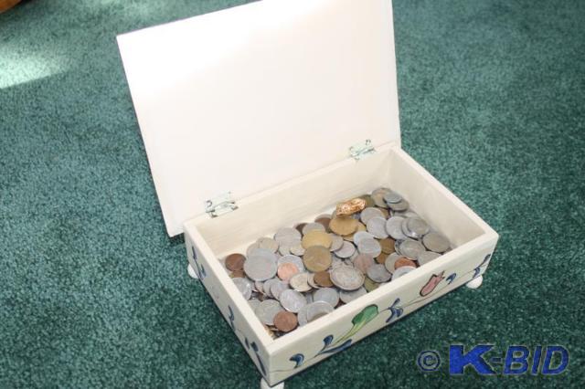 lot 92 image: Painted jewelry box with coins 21 n...